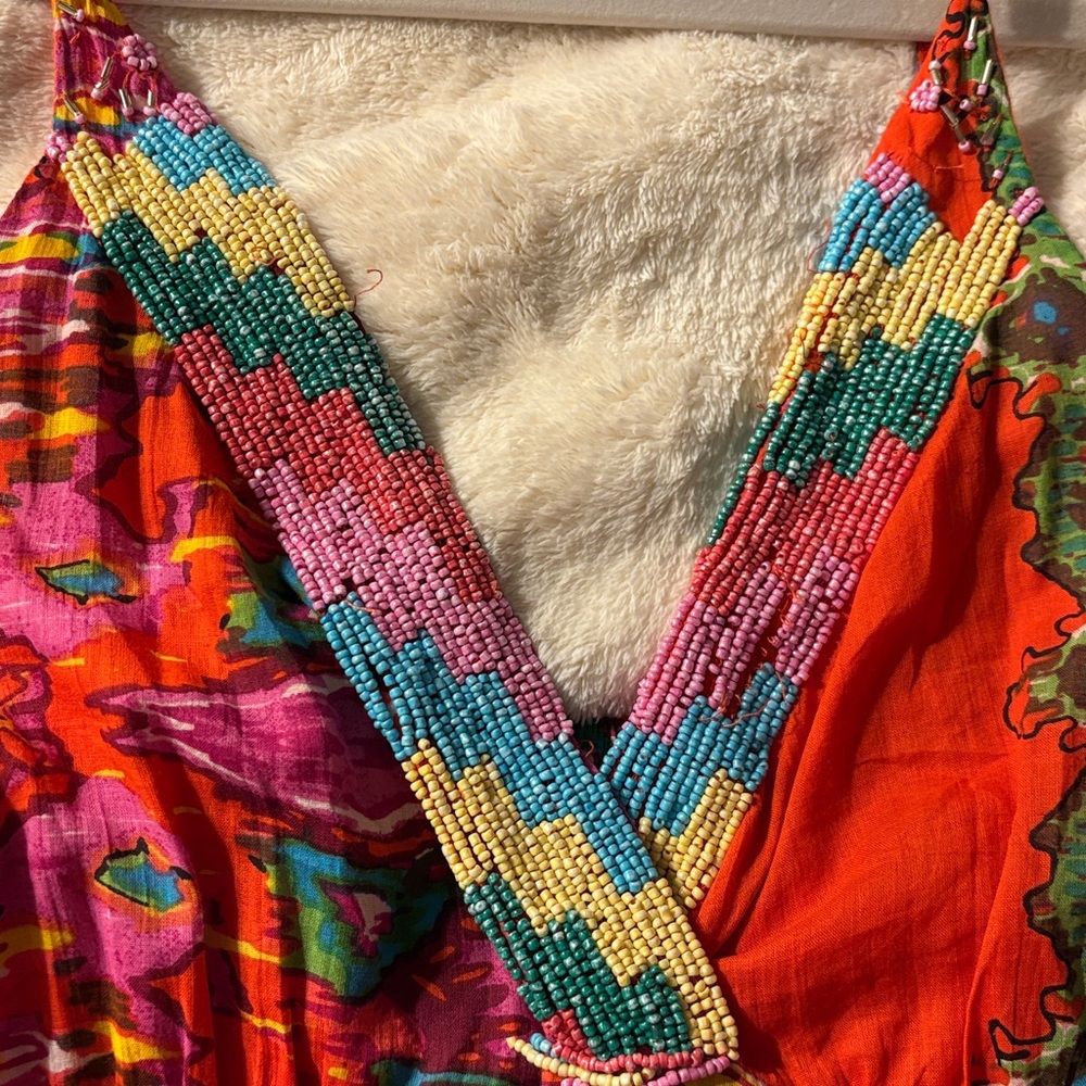 Anthropologie Barok Paris Beaded Tiered Maxi Dress Orange Pink Boho Small - Picture 13 of 14